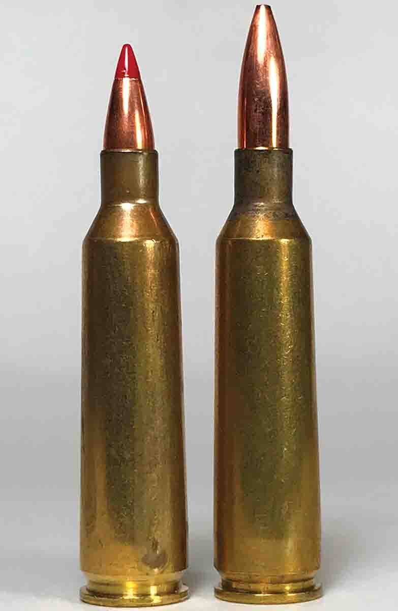 The .22-250’s established maximum length is 2.35 inches. A quick twist .22-250 barrel should have a longer chamber throat (right) to accommodate a slightly longer cartridge length.